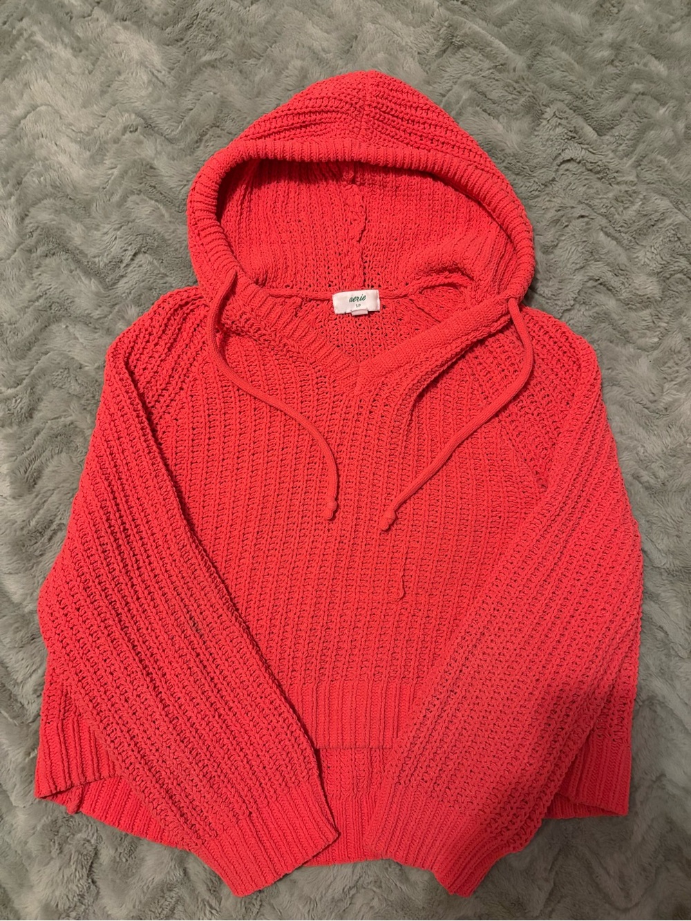 aerie Coral Knit V-Neck Hoodie Sweater